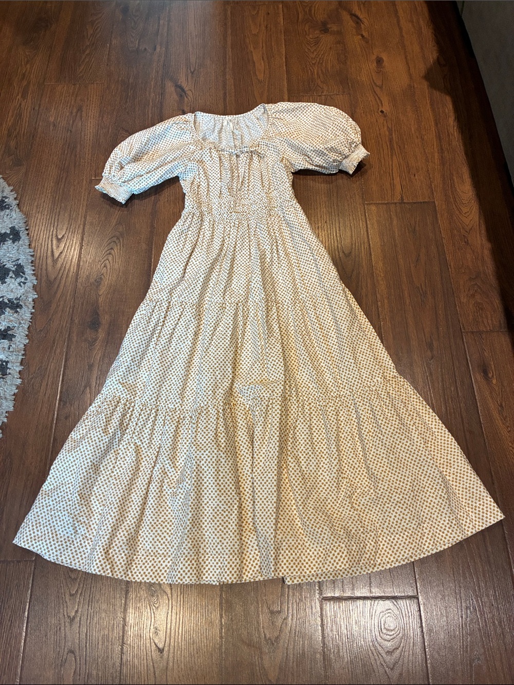 Anthropologie Cream Maxi Dress with Small Blue Floral Dot Print